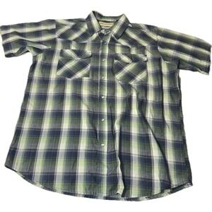 Bit & Bridle Men's XL Pearl Snap Shirt Short Sleeve Western Plaid Green Blue